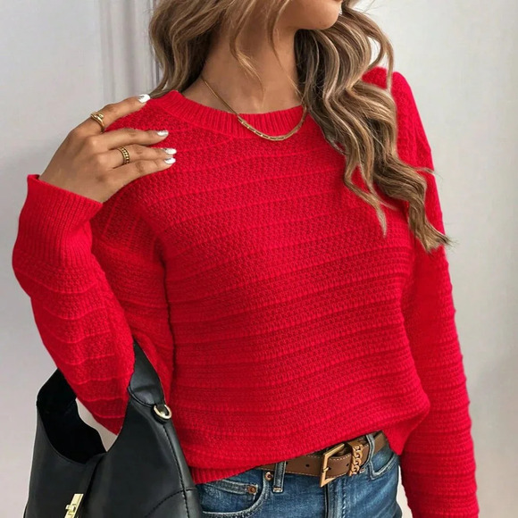 Red Casual Women's Elegant Bowknot Decor Drop Shoulder Sweater - Picture 1 of 6